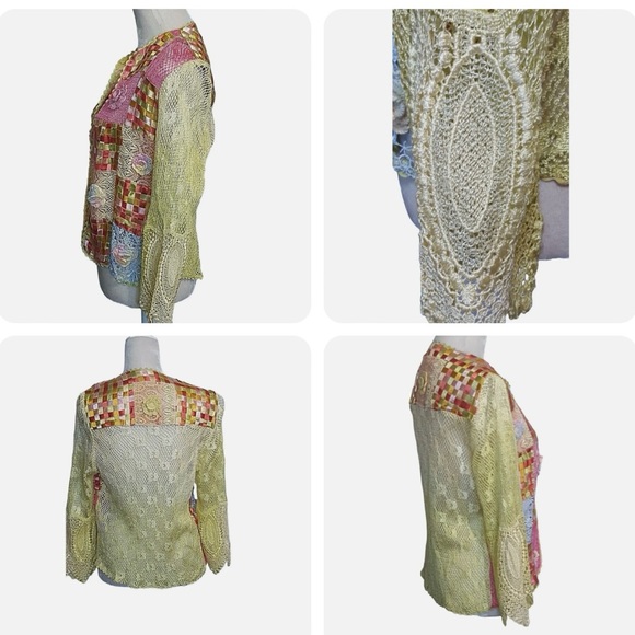 Parsley And Sage Women's Sweater Crochet Ribbon Open Front pink yellow green - Picture 8 of 9